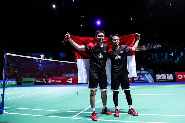 Hendra Setiawan and Mohammad Ahsan of Indonesia celebrate victory in the Men's Double final at the 2019 BWF Badminton World Championships. (Photo by Shi Tang/Getty Images)