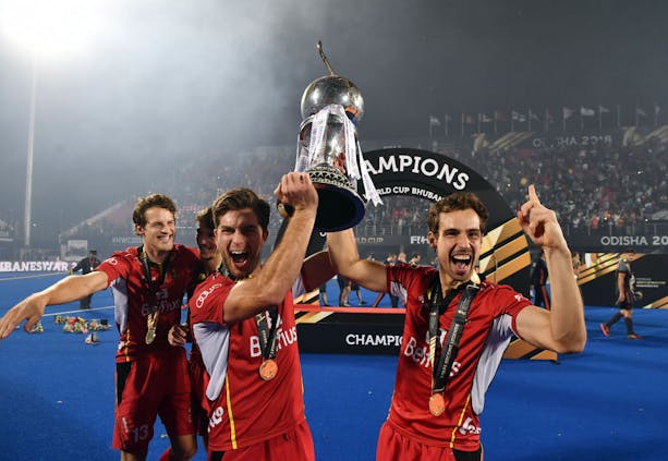 Belgium celebrate victory following the 2018 FIH Men's Hockey World Cup Final against the Netherlands in Bhubaneswar (by Charles McQuillan/Getty Images for FIH)
