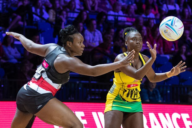 Jamaica and Trinidad & Tobago in action during the 2019 Vitality Netball World Cup (by Emma Simpson/Getty Images)