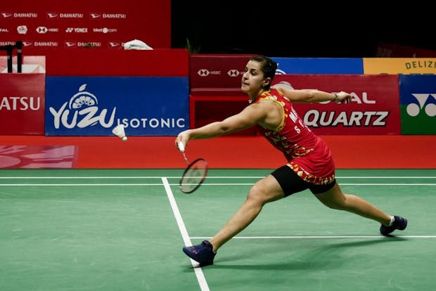 Carolina Marin in action during the women's singles final of the 2020 Daihatsu Indonesia Masters (by Anton Raharjo/Anadolu Agency via Getty Images).