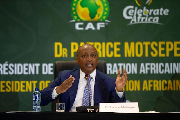 Newly elected President of the Confederation of African Football Patrice Motsepe conducts a press conference in Johannesburg (Photo by PHILL MAGAKOE/AFP via Getty Images)