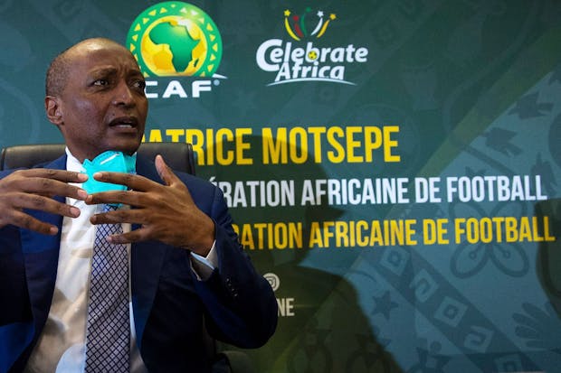 Patrice Motsepe conducts a press conference in Johannesburg in March 2021, following his election as president of the CAF. (by PHILL MAGAKOE/AFP via Getty Images).