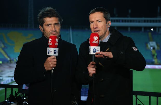 Bixente Lizarazu and Gregoire Margotton of TF1 at the 2018 Fifa World Cup qualifier between Bulgaria and France (by Jean Catuffe/Getty Images)