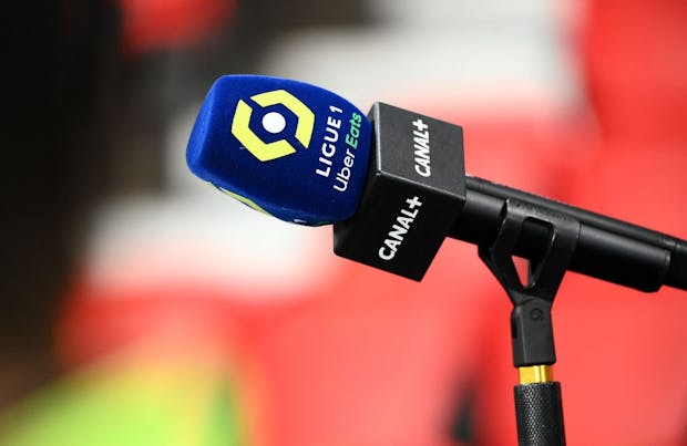 A Canal Plus microphone at a Ligue 1 match (by FRANCK FIFE/AFP via Getty Images)