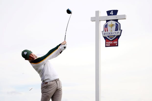 Rory McIlroy of Northern Ireland and team Europe plays his shot from the fourth tee during a practice round prior to the 43rd Ryder Cup at Whistling Straits. (Photo by Patrick Smith/Getty Images).