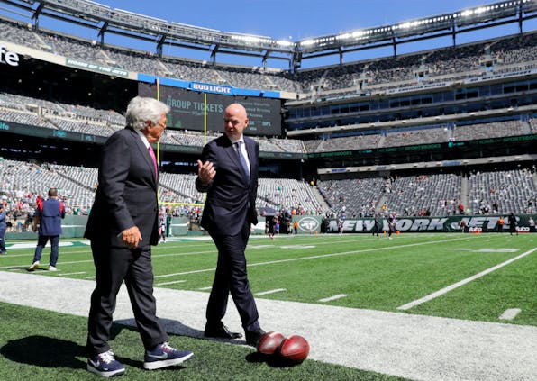 New England Patriots owner Robert Kraft (left) and Fifa president Gianni Infantino talk on the field prior to the game between the Patriots and New York Jets at MetLife Stadium on September 19 (Credit: Getty Images)