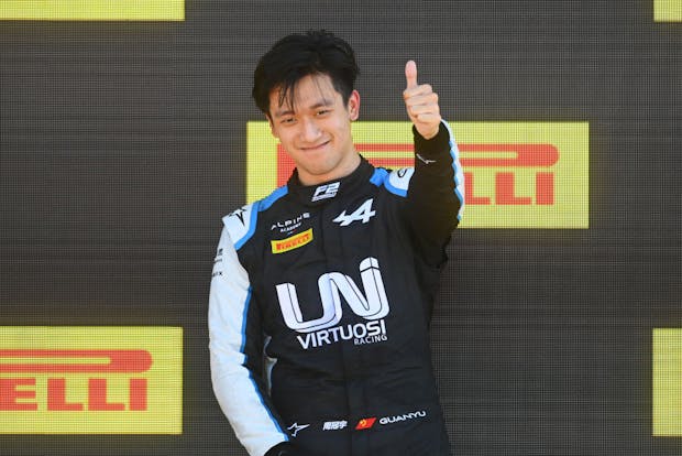 Guanyu Zhou of China and UNI-Virtuosi Racing celebrates on the podium during the Silverstone race of the Formula 2 Championship on July 18, 2021. (Photo by Michael Regan/Getty Images)