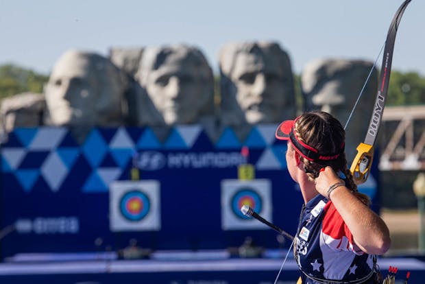 Casey Kaufhold of the USA competes during the women's recurve finals during the 2021 World Archery Championships in Yankton (by Dean Alberga/Handout/World Archery Federation via Getty Images )