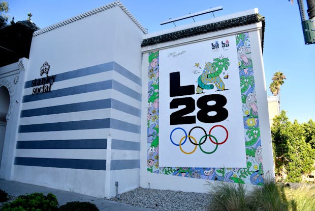LA28 Olympic mural by artist Steven Harrington displayed on the corner of Stanley Street and Sunset Boulevard in Los Angeles (Photo by Frazer Harrison/Getty Images)
