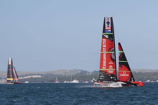 Emirates Team New Zealand leads Luna Rossa Prada Pirelli Team (Photo by Phil Walter/Getty Images)