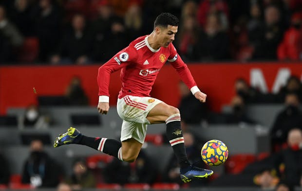 Cristiano Ronaldo of Manchester United during Premier League action (Photo by Gareth Copley/Getty Images).