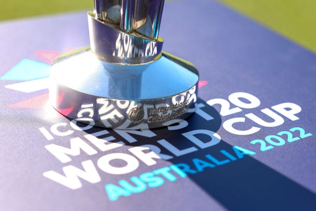 The Trophy is pictured during the 2022 ICC Men's Cricket World Cup Fixture Launch at Melbourne Cricket Ground on January 21, 2022 in Melbourne, Australia. (Photo by Jonathan DiMaggio/Getty Images for T20 World Cup)