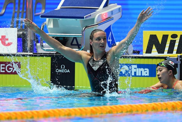 Katinka Hosszu of Hungary celebrates winning the gold medal in the Women's 400m Individual Medley Final at the Gwangju 2019 Fina World Championships (by Quinn Rooney/Getty Images)