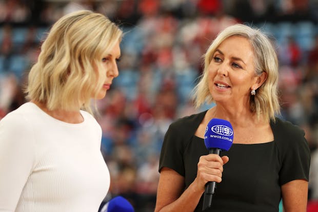 Nine netball commentator Liz Ellis (right) (Photo by Mark Kolbe/Getty Images)