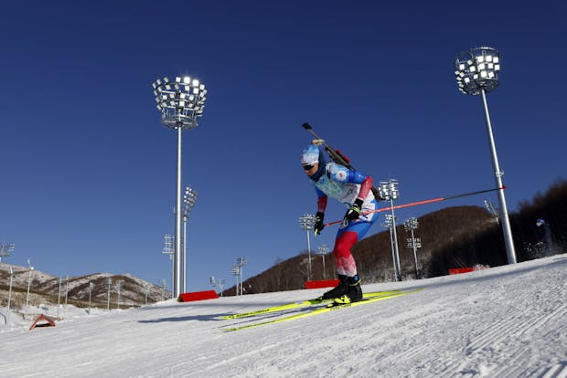 Kristina Reztsova of Team ROC in action during the women's biathlon relay at the 2022 Winter Olympic Games (by Christophe Pallot/Agence Zoom/Getty Images)