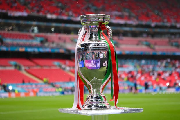 The Henri Delaunay Trophy prior to the Uefa Euro 2020 final between Italy and England at Wembley Stadium (by Laurence Griffiths/Getty Images)