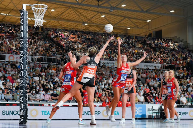Maddy Turner of the Swifts competes for the ball against Jo Harten of the Giants during the 2021 Super Netball Grand Final (by Albert Perez/Getty Images)