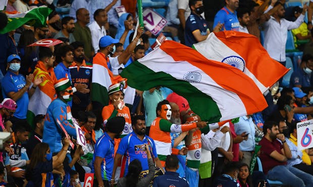 Fans of India during the ICC Men's T20 World Cup match between India and Namibia at Dubai International Stadium on November 08, 2021. (Photo by Alex Davidson/Getty Images)