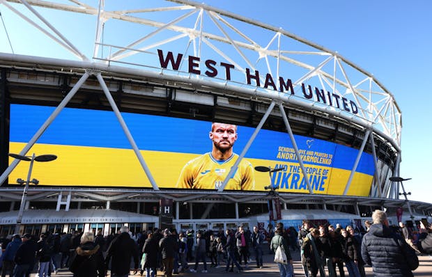 A message of support for Ukrainian forward Andriy Yarmolenko outside the London Stadium. (Photo by Paul Harding/Getty Images)