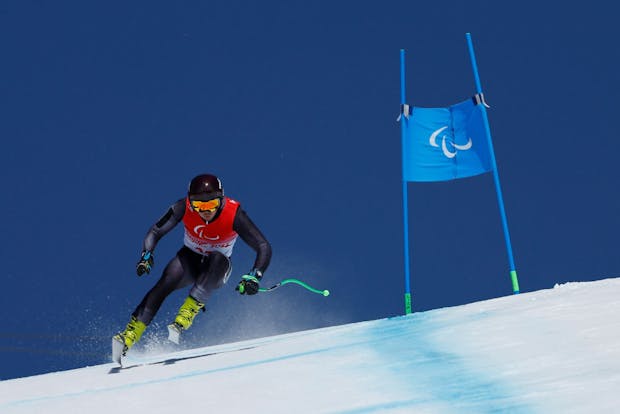 Aleksei Bugaev of Team Russian Paralympic Committee trains for the men's downhill standing ahead of the Beijing 2022 Winter Paralympics (by Christian Petersen/Getty Images)
