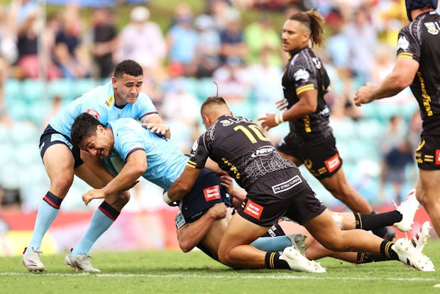 Lalakai Foketi of the Waratahs is tackled during the Super Rugby Pacific match against the Western Force on March 13, 2022 (by Mark Kolbe/Getty Images)