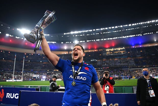 Paul Willemse of France celebrates with Six Nations trophy (Photo by Shaun Botterill/Getty Images)