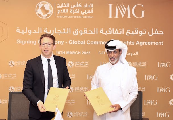 
IMG Media president Adam Kelly (L) & AGCFF president Hamad bin Khalifa bin Ahmed Al Thani at signing ceremony
