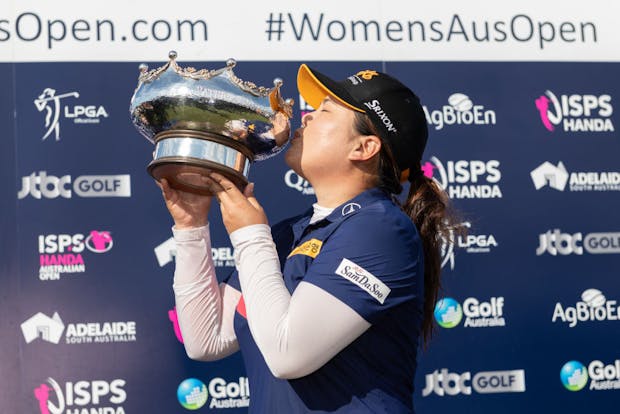Inbee Park of Korea kisses the winners trophy during day four of the 2020 ISPS HANDA Women's Australian Open (Photo by Sue McKay/Getty Images)