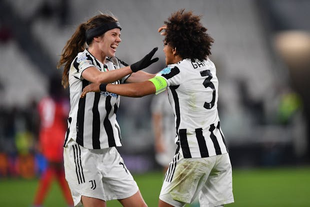 Sara Gama and Sofie Junge Pedersen of Juventus celebrate victory (Photo by Valerio Pennicino/Getty Images )