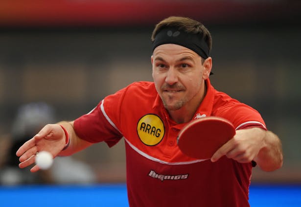 Timo Boll of Borussia Duesseldorf in action against Shang Kun of 1. FC Saarbruecken during the final of the Table Tennis Bundesliga Team Championships on June 6, 2021 in Dortmund (by Matthias Hangst/Getty Images)