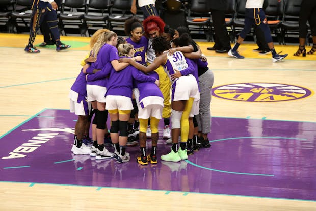 The Los Angeles Sparks of the Women's National Basketball Association during the 2021 season. (Photo by Katharine Lotze/Getty Images)