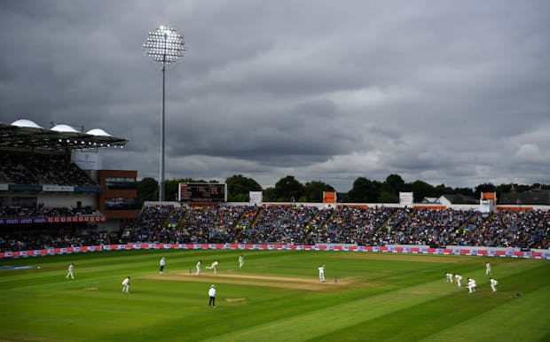 General view as James Anderson of England bowls under dark skies during day three of the Third Test Match against India (Photo by Gareth Copley/Getty Images)