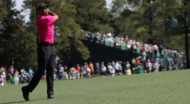 Tiger Woods plays his shot on the second hole during the first round of The Masters (Photo by Jamie Squire/Getty Images)