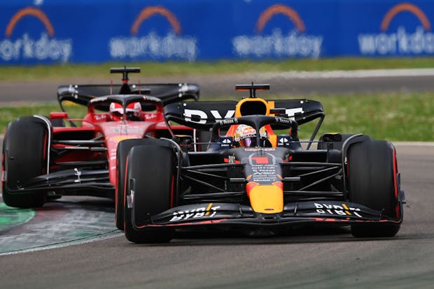 Max Verstappen overtakes Charles Leclerc during the Sprint ahead of the F1 Grand Prix of Emilia Romagna (Photo by Dan Mullan/Getty Images)