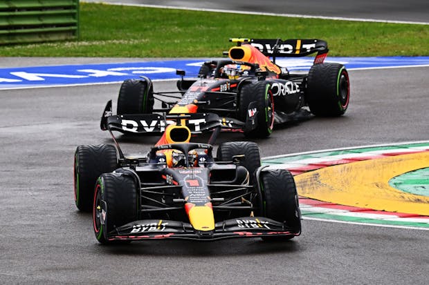 Max Verstappen of Red Bull Racing leads team-mate Sergio Perez during F1's Grand Prix of Emilia Romagna on April 24, 2022 (by Clive Mason/Getty Images)