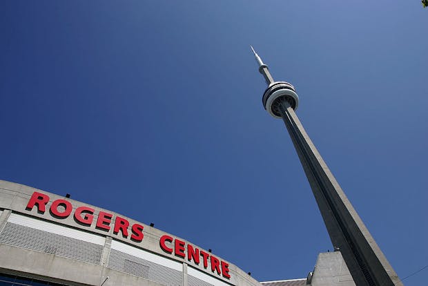 Rogers Centre and the CN Tower in downtown Toronto, Ontario. (Photo by Harry How/Getty Images)