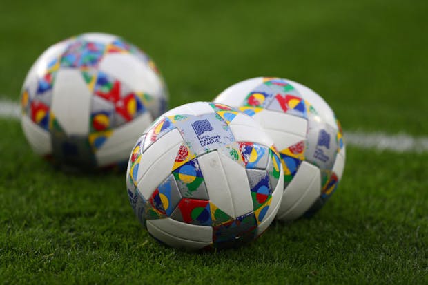 UEFA Nations League match balls  on show in 2018 (Photo by Catherine Ivill/Getty Images)