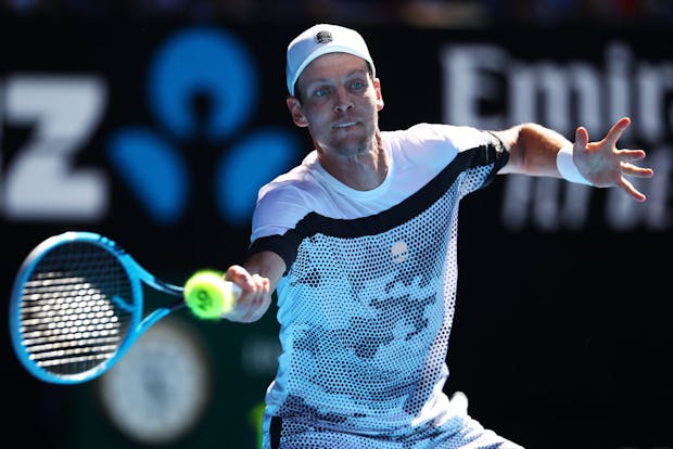 Tomas Berdych of the Czech Republic plays a forehand in his Australian Open match against Rafael Nadal of Spain (Photo by Julian Finney/Getty Images)