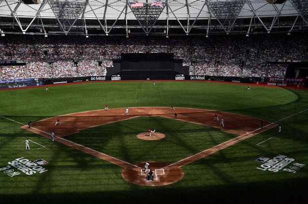 Action from a 2019 Major League Baseball game in London between the New York Yankees and Boston Red Sox. (Photo by Justin Setterfield/Getty Images)