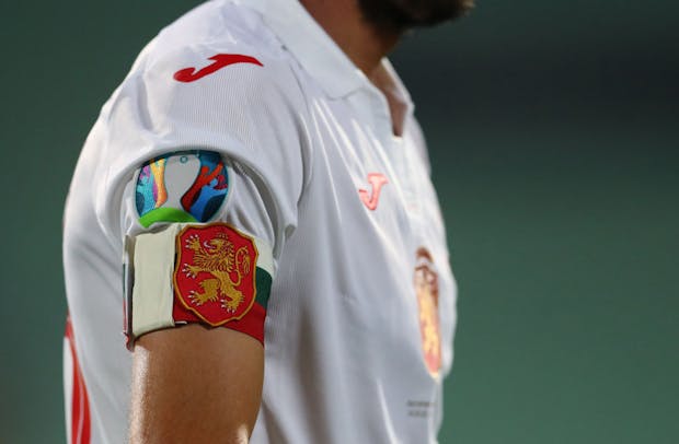 Captain's armband and logos on show during UEFA Euro 2020 qualifier between Bulgaria and England (Photo by Catherine Ivill/Getty Images)