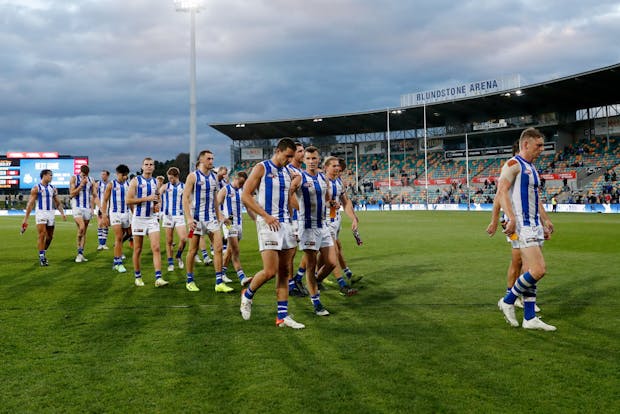 Action from the AFL match between North Melbourne and Port Adelaide in Hobart. (Photo by Dylan Burns/AFL Photos via Getty Images)