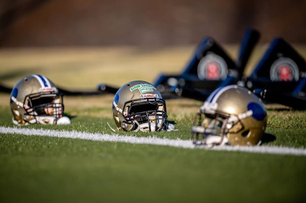 Helmets are on the field during a training session of German American football team Dresden Monarchs (Photo by Thomas Eisenhuth/Getty Images)