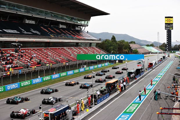 Lewis Hamilton leads the rest of the field off the line at the start of the 2021 Spanish Grand Prix (by Mark Thompson/Getty Images)