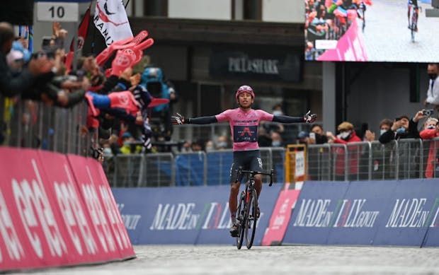 Egan Arley Bernal Gomez of Colombia and Team INEOS Grenadiers Pink Leader Jersey stage winner celebrates at arrival during the 2021 Giro d'Italia (Photo by Stuart Franklin/Getty Images)