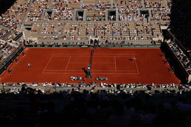 A general view inside Court Philippe-Chatrier as Novak Djokovic of Serbia serves in his men's singles final match against Stefanos Tsitsipas (Photo by Clive Brunskill/Getty Images)