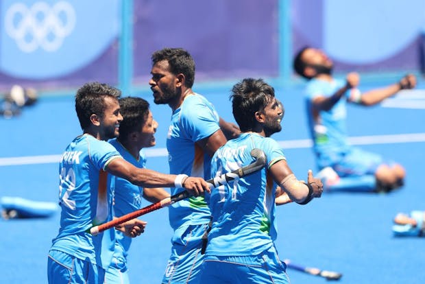 The India hockey team celebrates winning a bronze medal at the Tokyo 2020 Olympics. (Photo by Alexander Hassenstein/Getty Images)