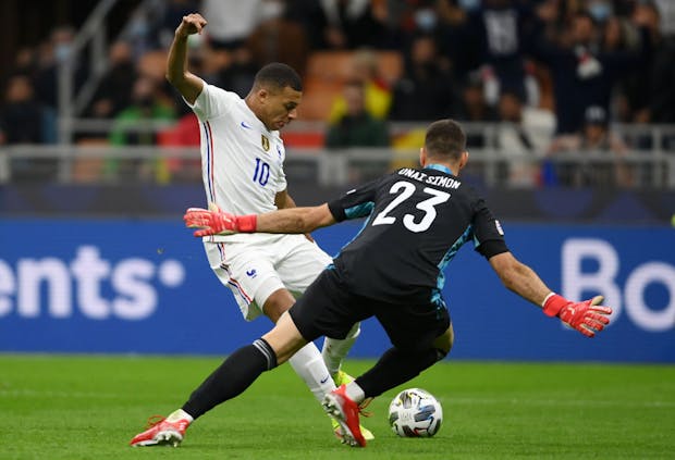 Kylian Mbappé of France scores his side's second goal against Spain during the 2021 Uefa Nations League final (by Mike Hewitt/Getty Images)