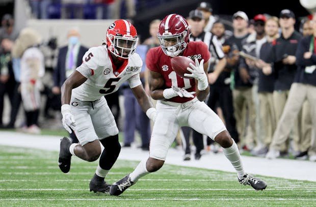 Action from the 2022 College Football Playoff National Championship between the Universities of Georgia and Alabama. (Photo by Andy Lyons/Getty Images)