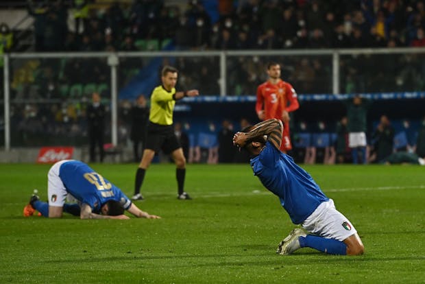 Alessandro Bastoni and Joao Pedro Galvao of Italy react during the 2022 Fifa World Cup Qualifier play-off match versus North Macedonia (by Tullio M. Puglia/Getty Images)