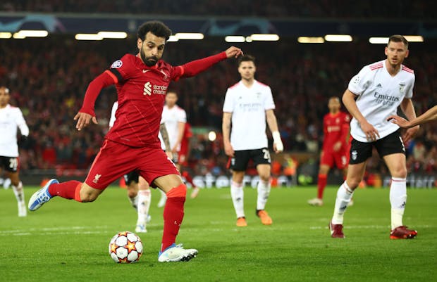 Mohamed Salah of Liverpool shoots at goal during the Uefa Champions League quarter final against Benfica (Photo by Clive Brunskill/Getty Images)